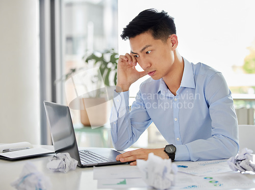 Image of Stress, anxiety and startup issue with business man working on a laptop, frustrated and annoyed. Young asian entrepreneur feeling angry and unhappy with business plan fail and proposal error