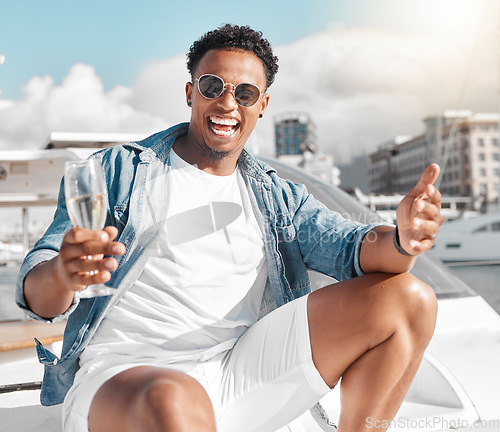 Image of Black man, yacht or champagne in celebration, fun or success as new millionaire in Monaco city. Portrait, smile or happy fashion person on luxury boat or relax ship for summer party with drink glass