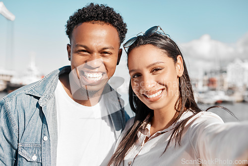 Image of Couple, selfie and love bond on summer date in California by harbor, ocean and sea. Portrait, smile and happy latino man and woman or boyfriend and girlfriend after meeting on social media dating app