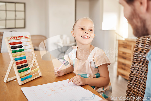 Image of Education, learning and numbers with father and child doing distance learning maths project at a table at home. Smile, happy and cheerful girl enjoying abacus counting and bonding with her parent