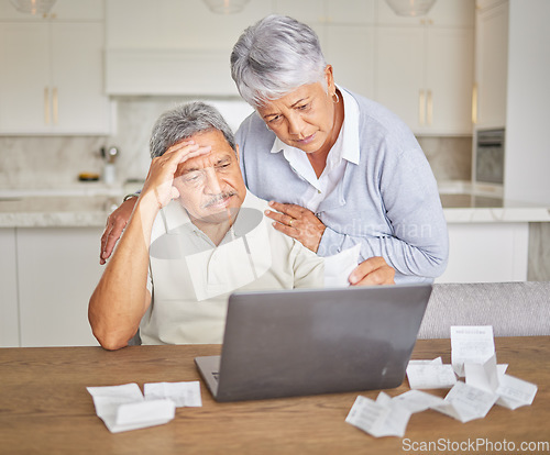 Image of Stress, senior couple and laptop with finance paper and taxes for financial security investment. Sad, depression or mental health anxiety while planning retirement budget or insurance funeral savings