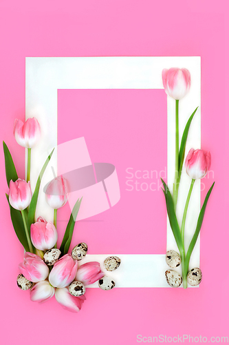 Image of Spring Flower Background with Pink Tulips and Quail Eggs