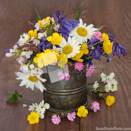 Image of British Wildflowers and Meadow Grasses Arrangement in Old Metal 