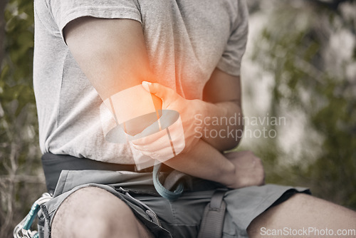 Image of Fitness, injury and hiker with elbow muscle pain of man hiking, workout or training outdoor in nature. Overlay of sports athlete with medical joint tension from intense exercise activity.