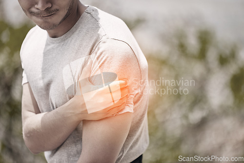 Image of Arm, muscle or pain injury of man during fitness, workout or outdoor exercise with nature bokeh. Overlay CGI of young sports athlete guy for medical insurance, healthcare emergency or inflammation