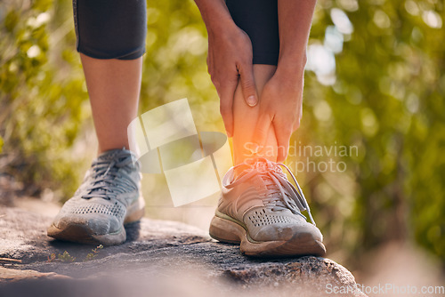 Image of Athlete, ankle and joint injury on nature walk workout with muscle cramps and strain close up. Inflammation, pain and physical trauma to body while trekking outdoors in park for fitness.