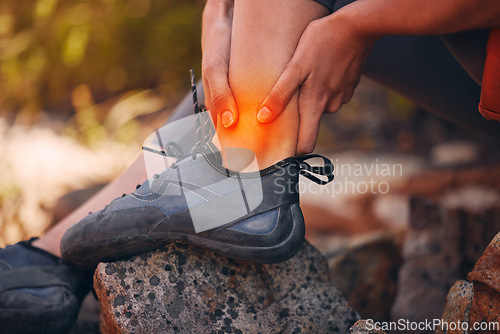 Image of Ankle, pain and injury with a hiker suffering with a sprain, fracture or swelling of a leg or foot joint. Overlay and special effects with the hands of a male holding a sore muscle and hiking outside