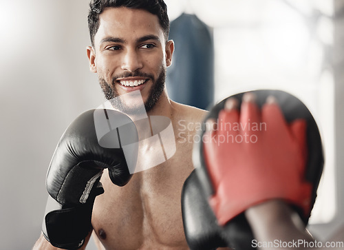 Image of Boxing man, fight training and coach workout for strong power, happy mma challenge and gym club sparring exercise for combat sports. Fitness champion, healthy athlete and pro boxer impact with gloves