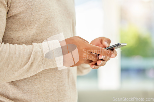 Image of Social media hands, phone texting and man digital contact, communication and smartphone technology. Closeup person typing, mobile 5g web and reading apps, internet connection in online notification