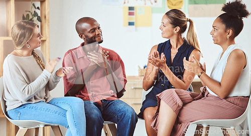 Image of Team building, applause and business people celebration of success, achievement or innovation idea in group discussion. Creative entrepreneur workers in circle for communication, support and teamwork