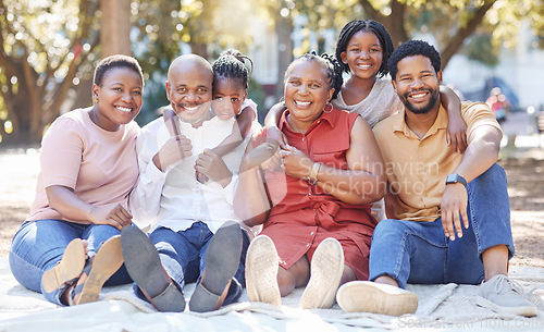 Image of Big family portrait, black people and children, grandparents at outdoor park, picnic or get together. Hug and love of African mother, father and kids with senior grandmother and grandfather in Africa