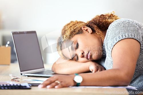 Image of Stress, burnout and sleeping business woman in modern office, workplace and desk. Tired, lazy and frustrated employee, worker and black person in nap for depression, deadlines and mental health fail