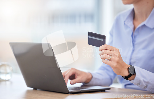Image of Ecommerce, credit card and business woman with laptop doing online payment, checking digital bank app or online shopping. Finance, fintech and credit score with a corporate accounting person hands