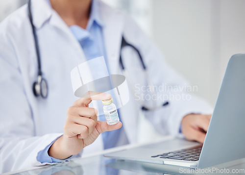 Image of Healthcare, covid and vaccine by doctor research on laptop, planning and medical study in an office. Innovation, science and cure by woman health care professional schedule doctor appointment online