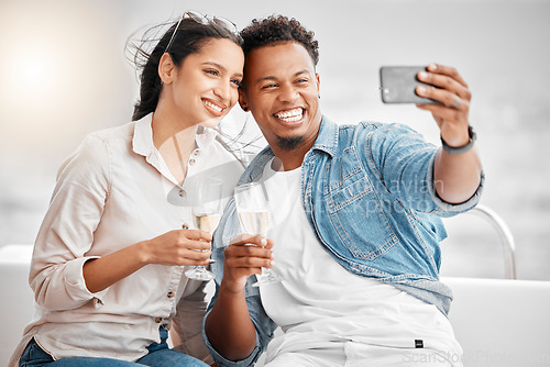 Image of Couple selfie, luxury boat cruise and champagne wine glass celebration for anniversary, honeymoon and love in Miami Florida. Happy man, smile woman and yacht party photos, travel and summer sea relax