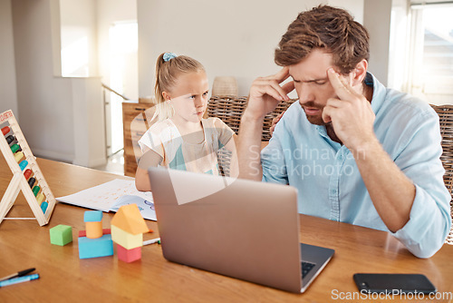 Image of Education, homeschooling and headache with annoyed father helping his girl in an online distance learning class on laptop. Unhappy parent and child argue, angry about fail report and learning problem