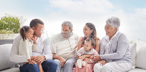 Image of Happy family with children and grandparents talking, communication and conversation on couch outdoor in family home. Big family of elderly retirement people, love and young kids smile together