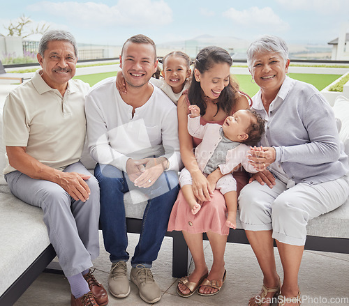 Image of Family, happy parents and grandparents in garden at home and kids with mother, dad and grandma and grandpa with smile in summer. Face portrait of children together in garden with people