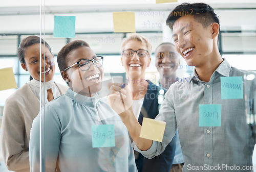 Image of Planning meeting, sticky note idea and business people working on global marketing strategy, teamwork for innovation and collaboration for future goal. Happy employees writing startup vision on glass