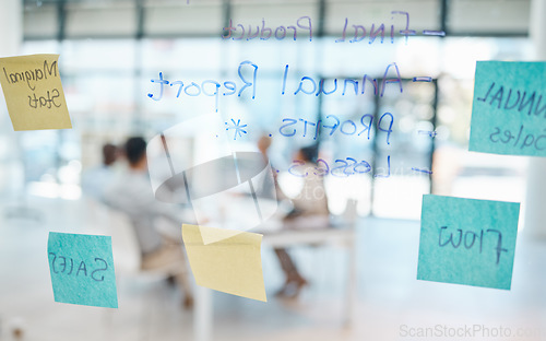 Image of Business meeting and schedule planning with sticky notes on workflow moodboard for corporate sales company success. Creative post it notes of teamwork brainstorming and project strategy on glass wall