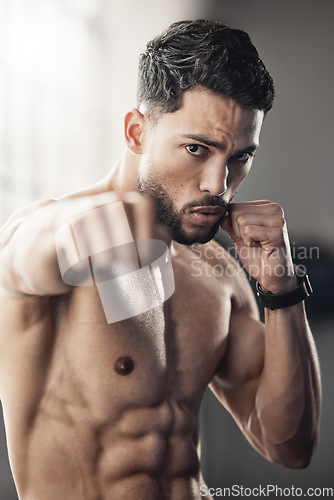 Image of Boxing fist, strong man portrait and fitness power of mma fighter, sports athlete and gym training. Hand, muscle and workout of martial arts, sexy bodybuilder and champion boxer impact in speed focus