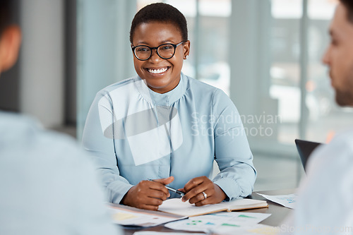 Image of Planning meeting, business partnership and black woman with smile for marketing team strategy, work communication and happy with office collaboration. African manager talking to employees at company