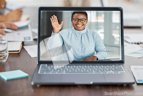 Image of Laptop, video call or zoom conference with black woman, leader or business meeting mentor in training, presentation or workshop. Happy smile or greeting waving on internet interview or office webinar