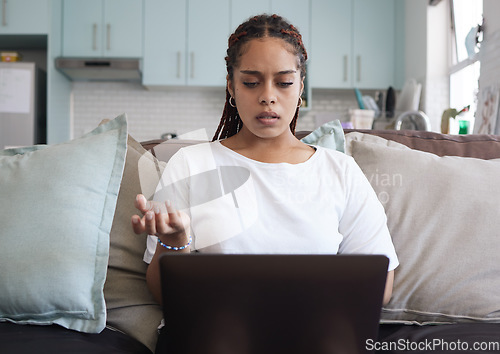 Image of Confused business woman with laptop online 404 error, technology fail or network connection in her home. Young entrepreneur with digital problem, email mistake or job stress working on pc and sofa