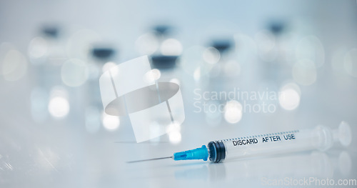 Image of Covid vaccine needle for botox, medical pharmaceutical drugs or cancer medicine in corona virus research laboratory or pharmacy, Needle for healthcare, hospital or clinic innovation background