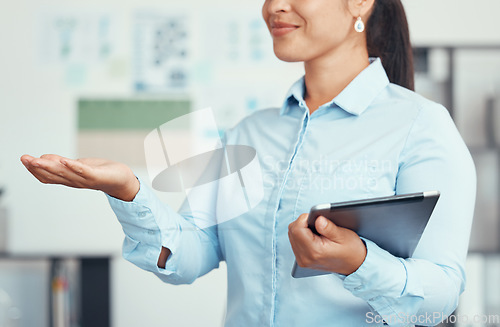 Image of Business woman with hand and tablet in a meeting at work. Female worker with hand out, asking and getting funding or support for start up company. Businesswoman, leader and working online