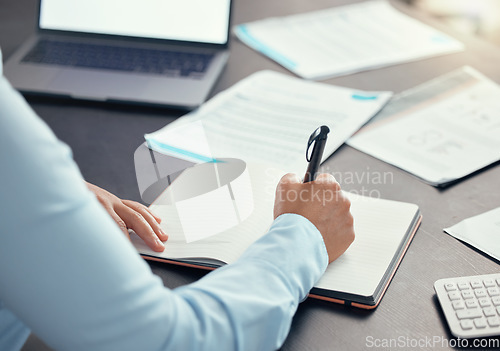 Image of Woman writing notes, schedule and planning ideas, budget and trading analysis on paper notebook in desk office. Business accountant hands, financial document and strategy for tax investment economy