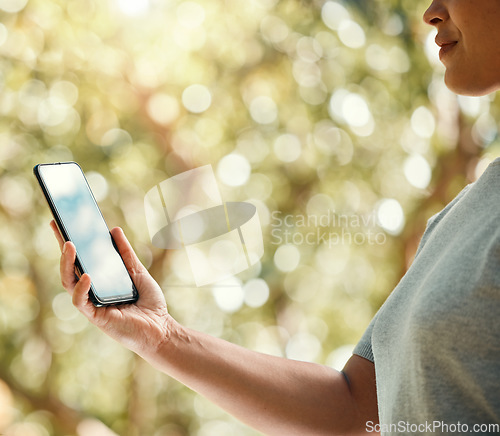 Image of Phone, woman hands and park or sustainability environment with trees bokeh and online search for eco friendly information on mobile app. Sustainable, wellness person with smartphone carbon footprint