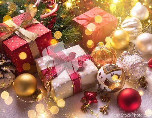 Image of christmas presents wrapped with bows under the xmas tree generat