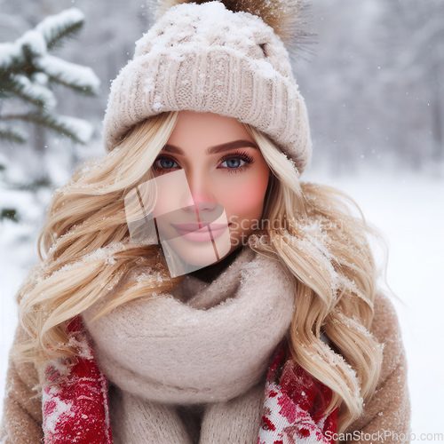 Image of Portrait of a beautiful blonde woman wearing warm winter clothes