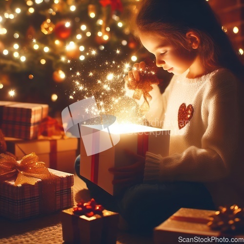Image of young child opening a wondrous glowing gift on christmas morning generative ai