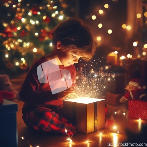 Image of young child opening a wondrous glowing gift on christmas morning generative ai