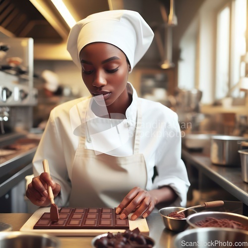 Image of female chocolatier pastry chef working on fine chocolates in kitchen generative ai
