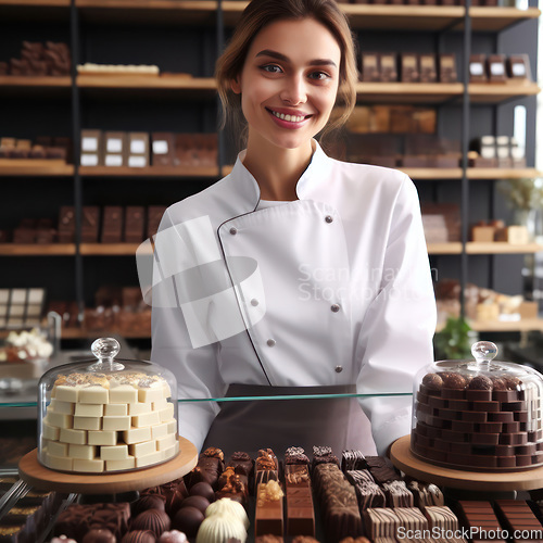 Image of chocolatier pastry chef proudly presents their delicious range of fine chocolates generative ai