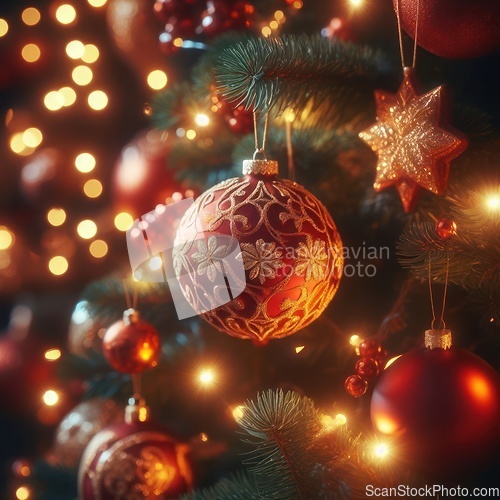 Image of closeup of beautiful tree with lights and ornaments generative ai