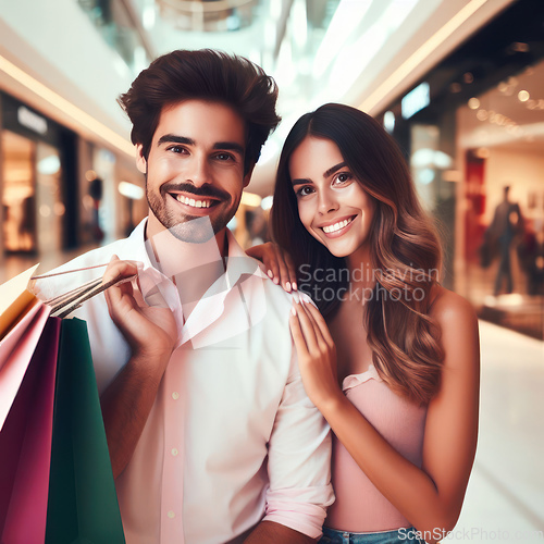 Image of young attractive couple shopping together in a mall generative ai