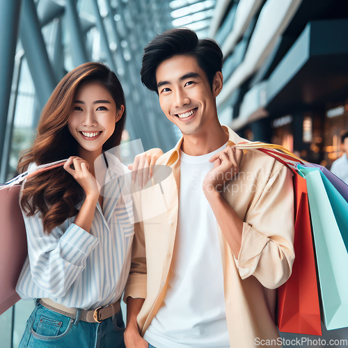 Image of young attractive asian couple shopping together in a mall generative ai