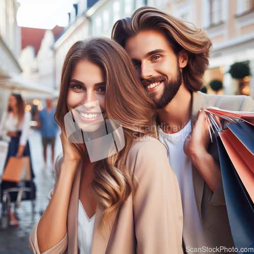 Image of young attractive couple shopping together on vacation generative ai