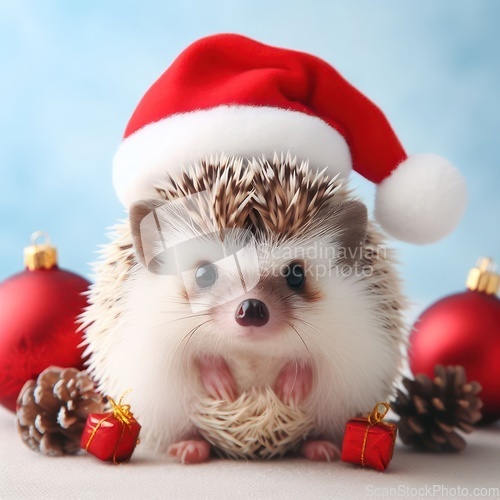 Image of a cute little hedgehog wearing a santa hat at christmas time generative ai