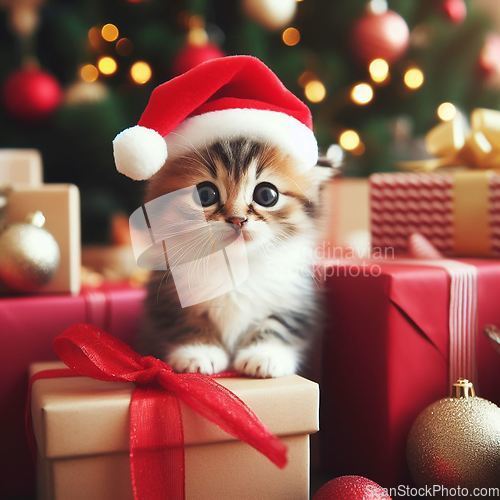 Image of cute kitten wearing santa hat in the gifts