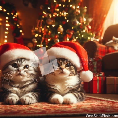 Image of two cute kittens wearing santa hat 