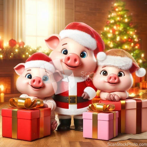 Image of cute little pigs wearing santa hats 