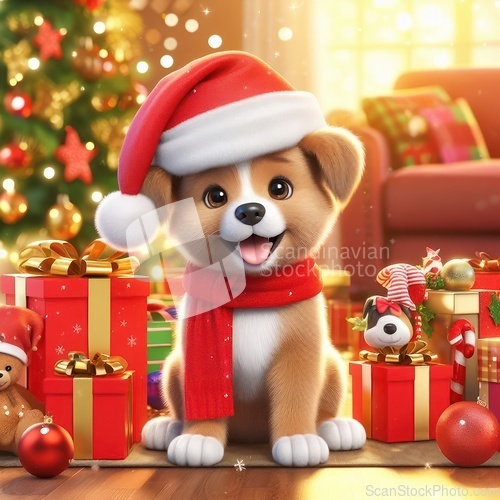 Image of cute 3d art puppy with santa hat and gifts