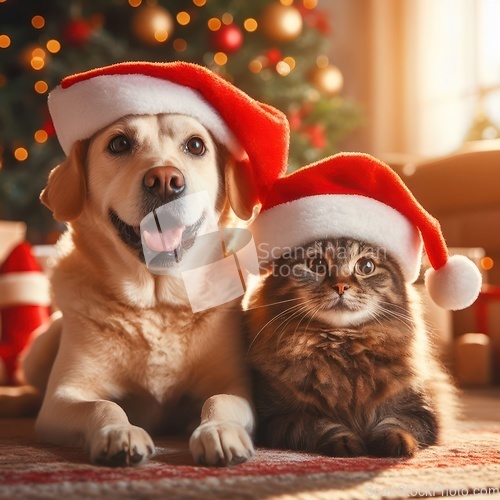 Image of dog and a cat sitting together with santa hats