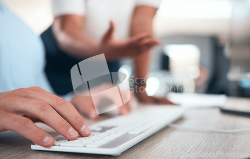 Image of Business hands, typing computer keyboard and planning ideas, strategy and online research at desk with office staff. Zoom employees working pc desktop web analytics, email and internet tech analysis