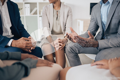 Image of Community, trust and business people support and care during coaching session at work. Depression, anxiety and mental health with colleagues discussion of problem or addiction counseling in circle